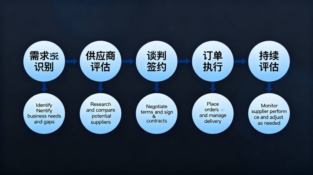 B2B buyer journey flowchart showing awareness, research, evaluation, negotiation, purchase order, fulfillment, and relationship stages