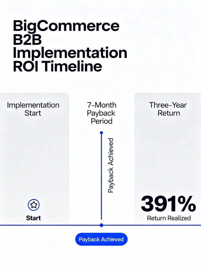 ROI timeline showing BigCommerce B2B investment costs, payback period at 7 months, and three-year cumulative return of 391%